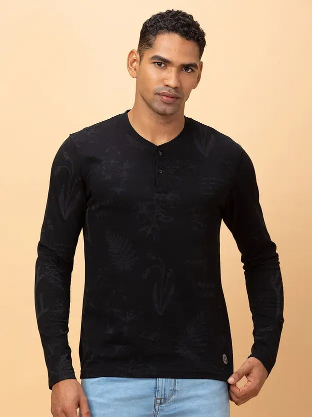 Men Printed Polo Neck Cotton Blend Black T-Shirt